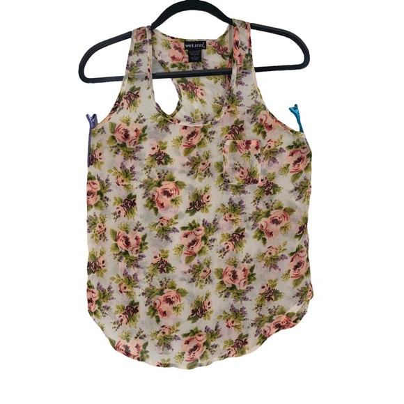Vtg Wet Seal Sheer Razor Back Tank Yop Pink & Purple Floral Print sz S - Picture 4 of 9